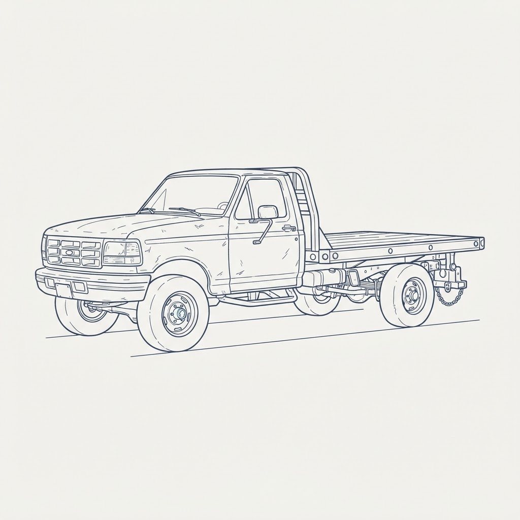 Sample listing photo of a white flatbed work truck, shown for illustration only